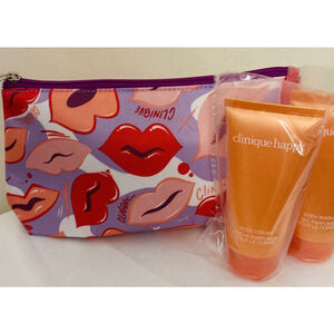 Clinique Happy Body Wash Body Cream Colorful Lip Zip Top Cosmetic Pouch 3pcs New